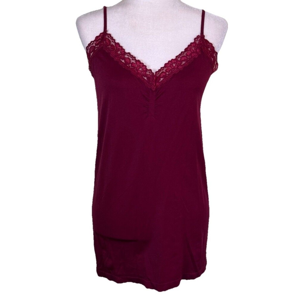 Women Burgundy Lace Trim Cami Slip Chemise Spaghetti Strap Top Coquette‎ Sz L/XL